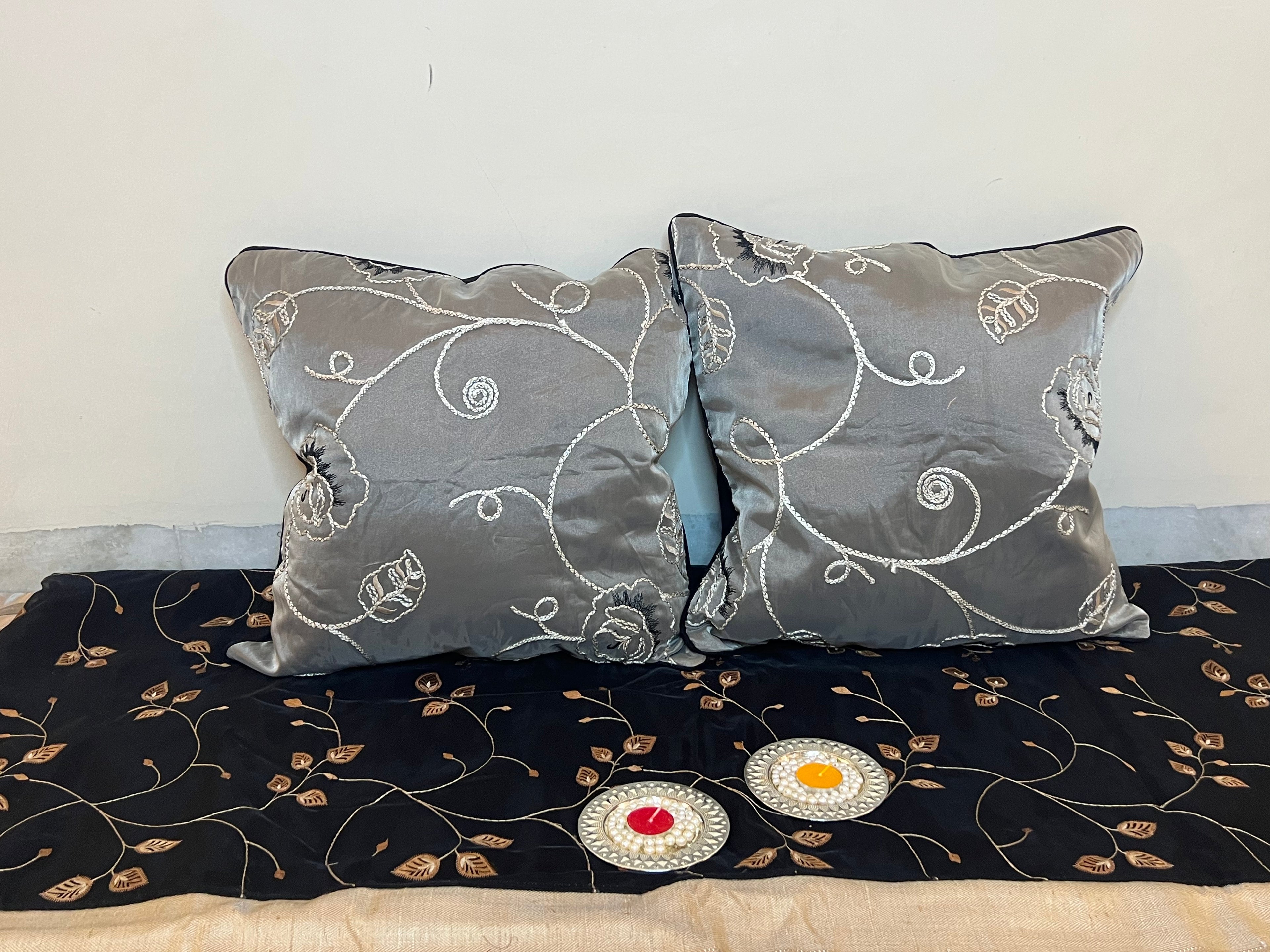 Floral Tapestry Cushion Cover Sets at Kamakhyaa by Aetherea. This item is 100% Cotton, Black, Cushion covers, Embroidered, Home, ivory, Piping, Rose, Sheer, Upcycled