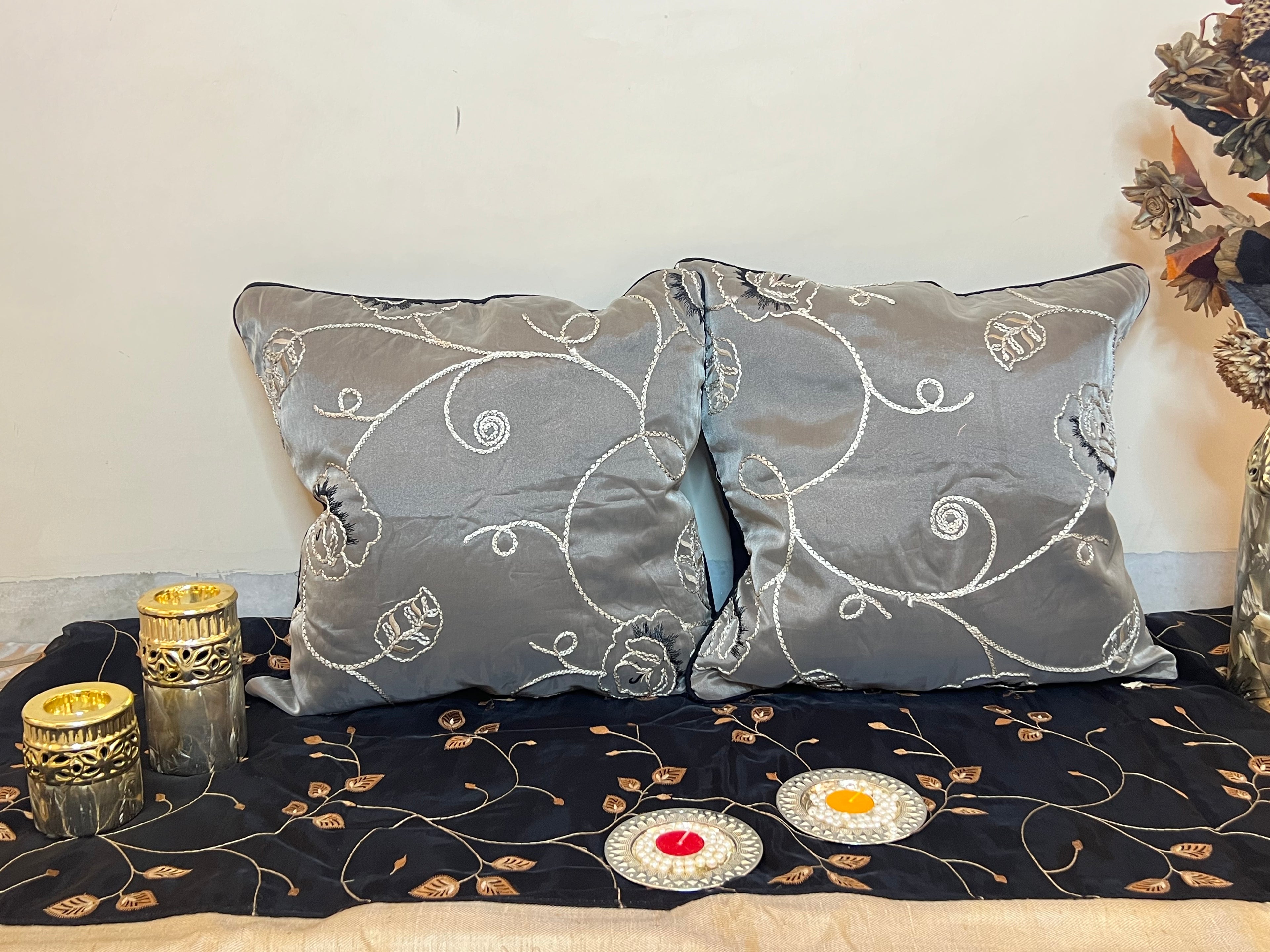 Floral Tapestry Cushion Cover Sets at Kamakhyaa by Aetherea. This item is 100% Cotton, Black, Cushion covers, Embroidered, Home, ivory, Piping, Rose, Sheer, Upcycled