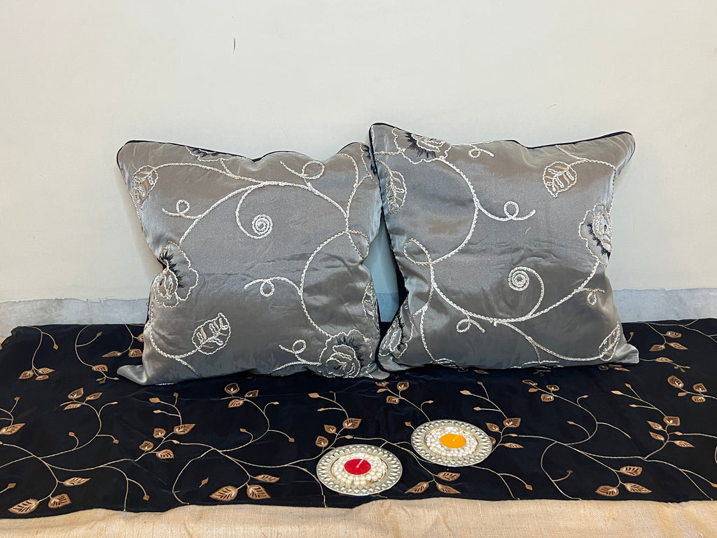 Floral Tapestry Cushion Cover Sets at Kamakhyaa by Aetherea. This item is 100% Cotton, Black, Cushion covers, Embroidered, Home, ivory, Piping, Rose, Sheer, Upcycled