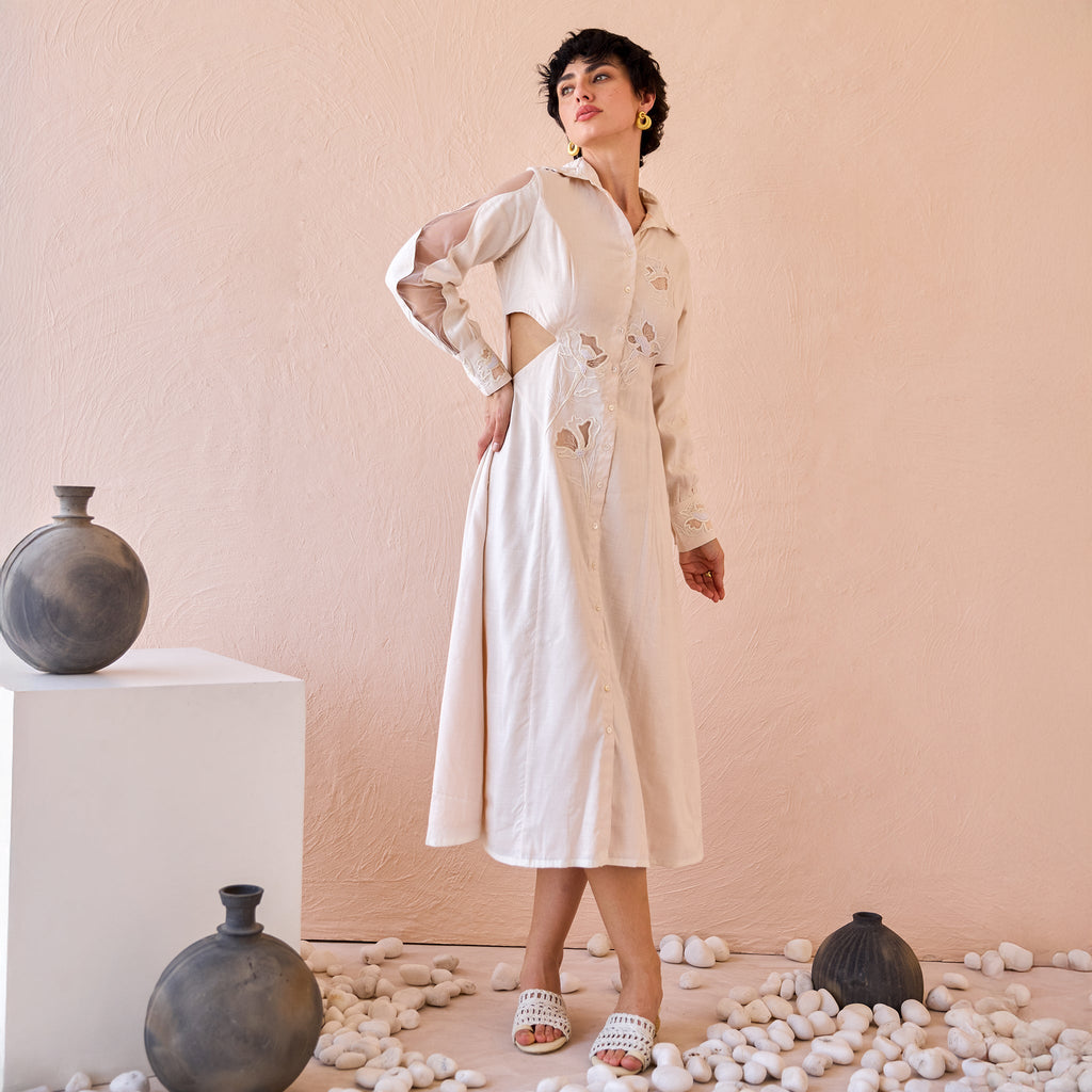 Floret Flicker at Kamakhyaa by The Loom Art. This item is Eco friendly, Fluer De Code by The Loom Art, Hand Embroidered, Ivory, Linen, Organic, Shirt Dresses