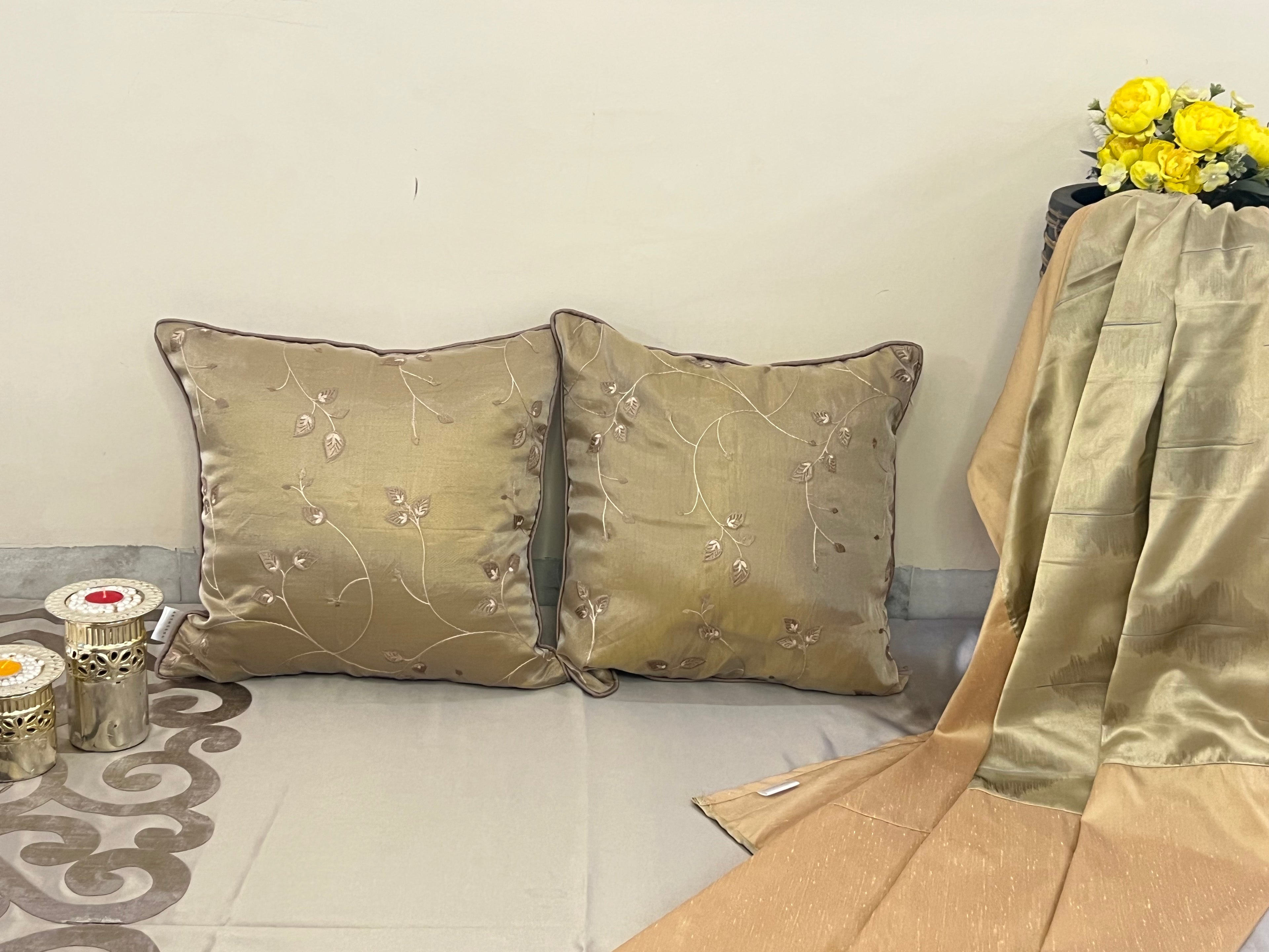 Foliage Cushion Cover Sets at Kamakhyaa by Aetherea. This item is Cushion covers, Home, Leaf, Metallic, Satin, Sheer, Upcycled