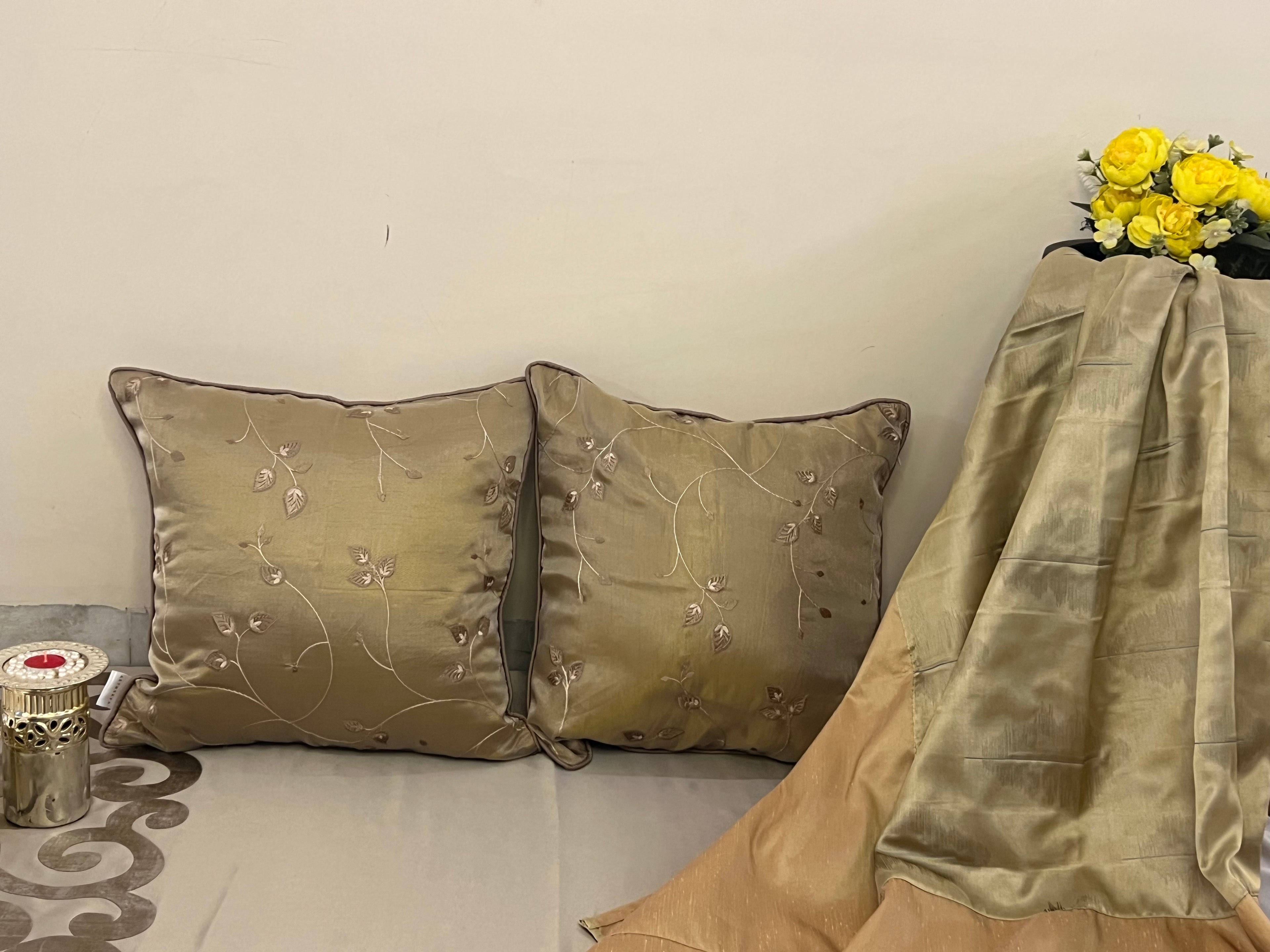 Foliage Cushion Cover Sets at Kamakhyaa by Aetherea. This item is Cushion covers, Home, Leaf, Metallic, Satin, Sheer, Upcycled