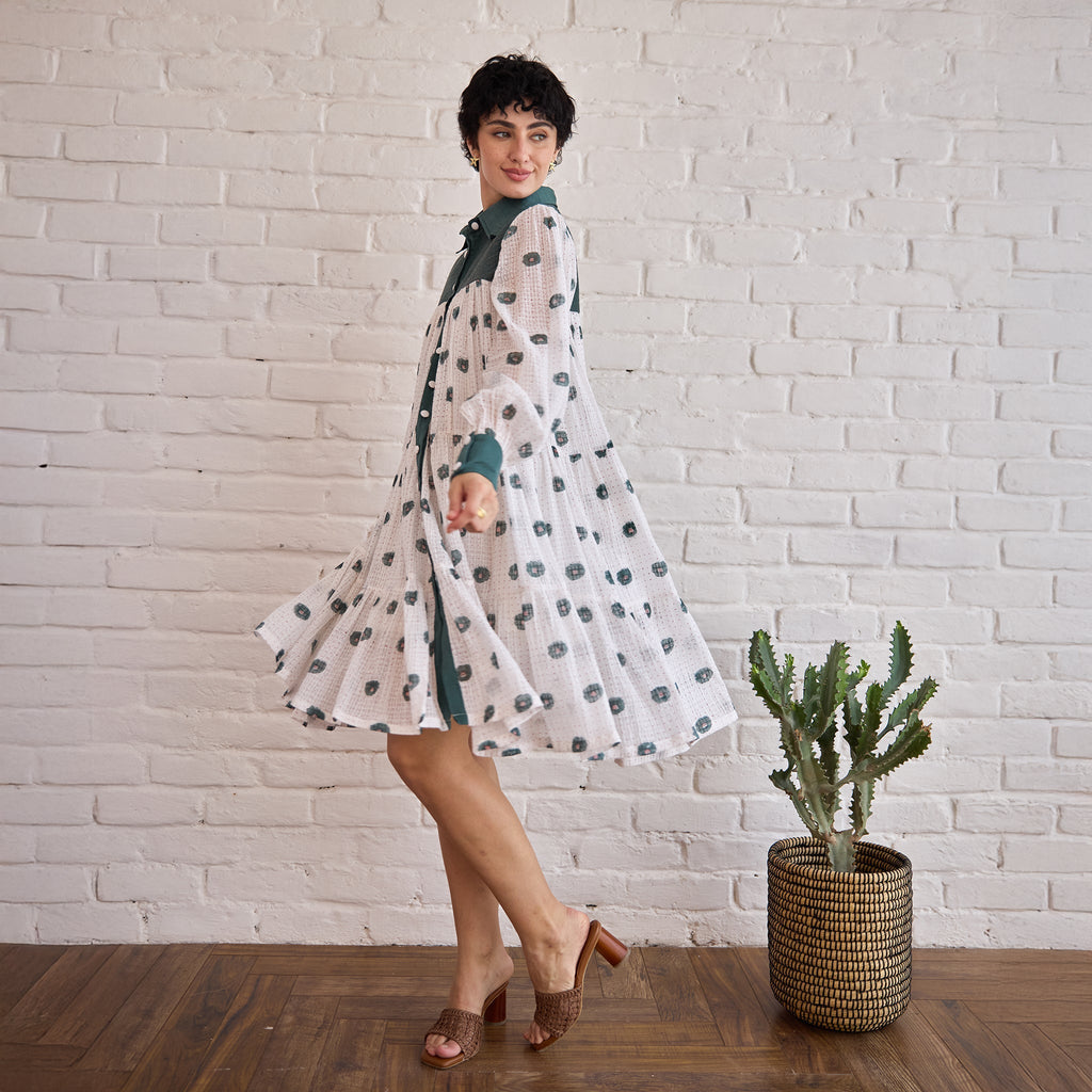 Forest Meadow at Kamakhyaa by Taro. This item is Artisan made, Dresses, Green, Handblock Printed, Handwoven Chanderi Silk, Indie Bloom by Taro, Relaxed Fit, Shirt Dresses, Under $50, White