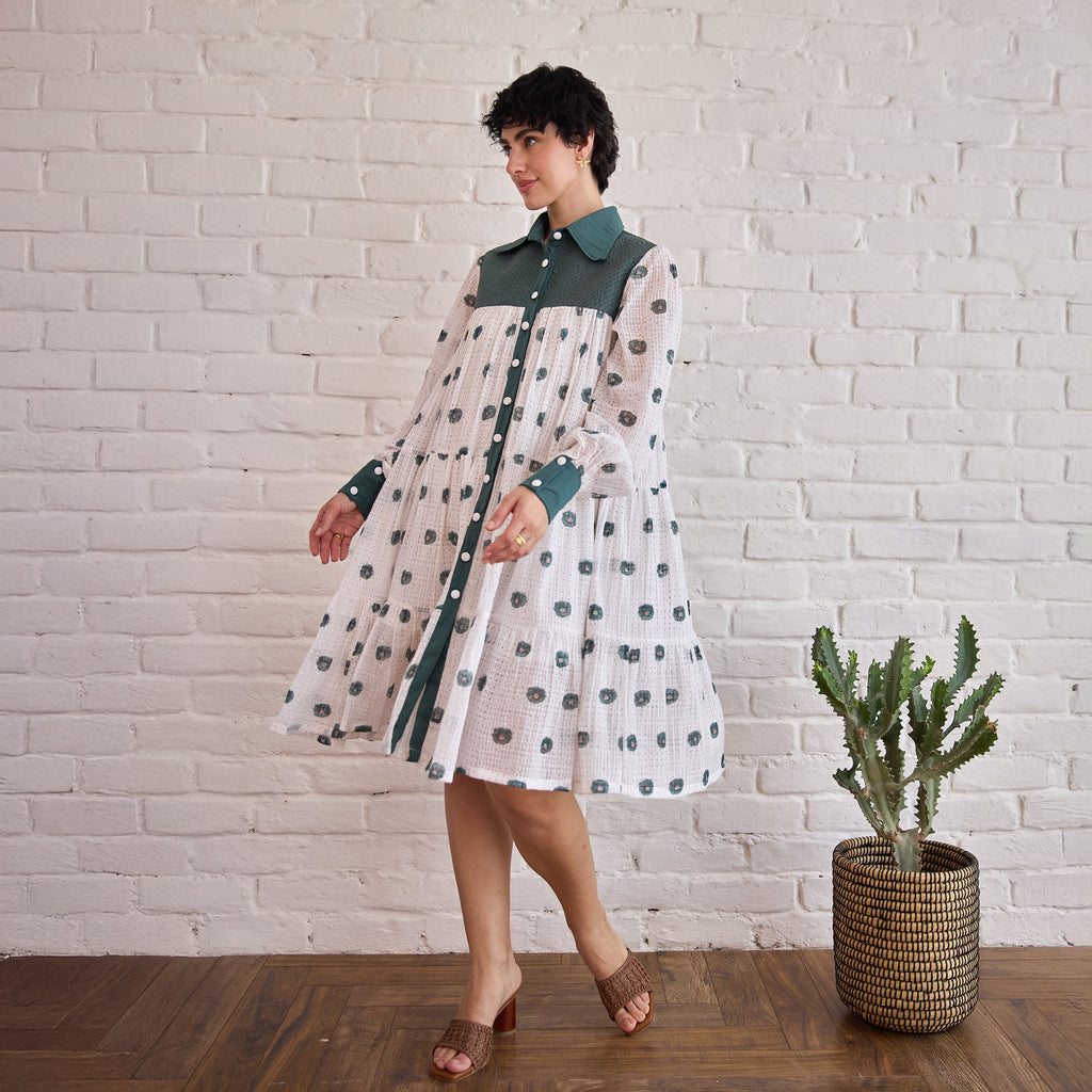 Forest Meadow at Kamakhyaa by Taro. This item is Artisan made, Dresses, Green, Handblock Printed, Handwoven Chanderi Silk, Indie Bloom by Taro, Relaxed Fit, Shirt Dresses, Under $50, White