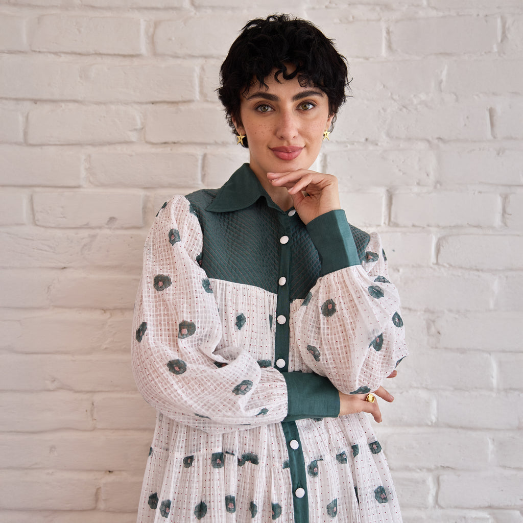 Forest Meadow at Kamakhyaa by Taro. This item is Artisan made, Dresses, Green, Handblock Printed, Handwoven Chanderi Silk, Indie Bloom by Taro, Relaxed Fit, Shirt Dresses, Under $50, White