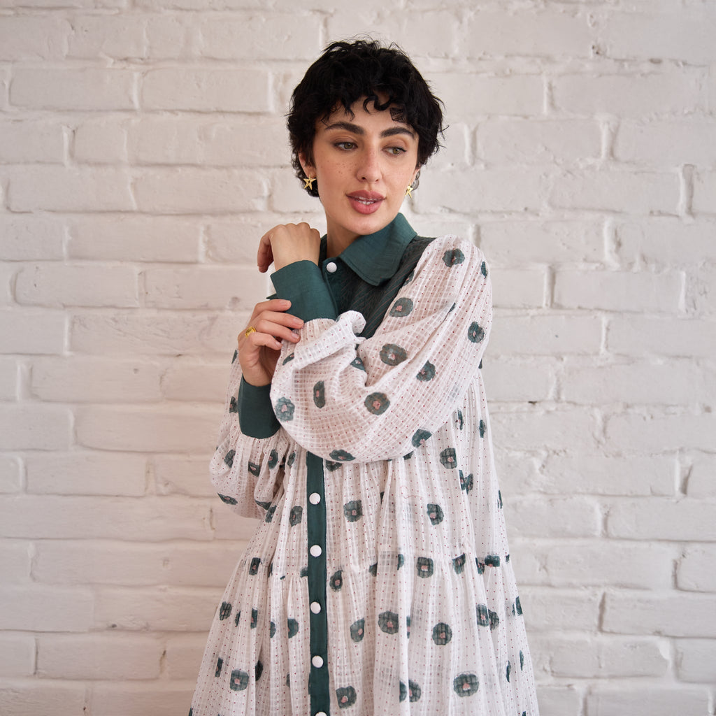 Forest Meadow at Kamakhyaa by Taro. This item is Artisan made, Dresses, Green, Handblock Printed, Handwoven Chanderi Silk, Indie Bloom by Taro, Relaxed Fit, Shirt Dresses, Under $50, White