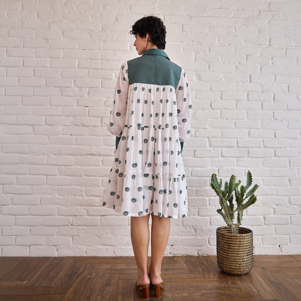 Forest Meadow at Kamakhyaa by Taro. This item is Artisan made, Dresses, Green, Handblock Printed, Handwoven Chanderi Silk, Indie Bloom by Taro, Relaxed Fit, Shirt Dresses, Under $50, White