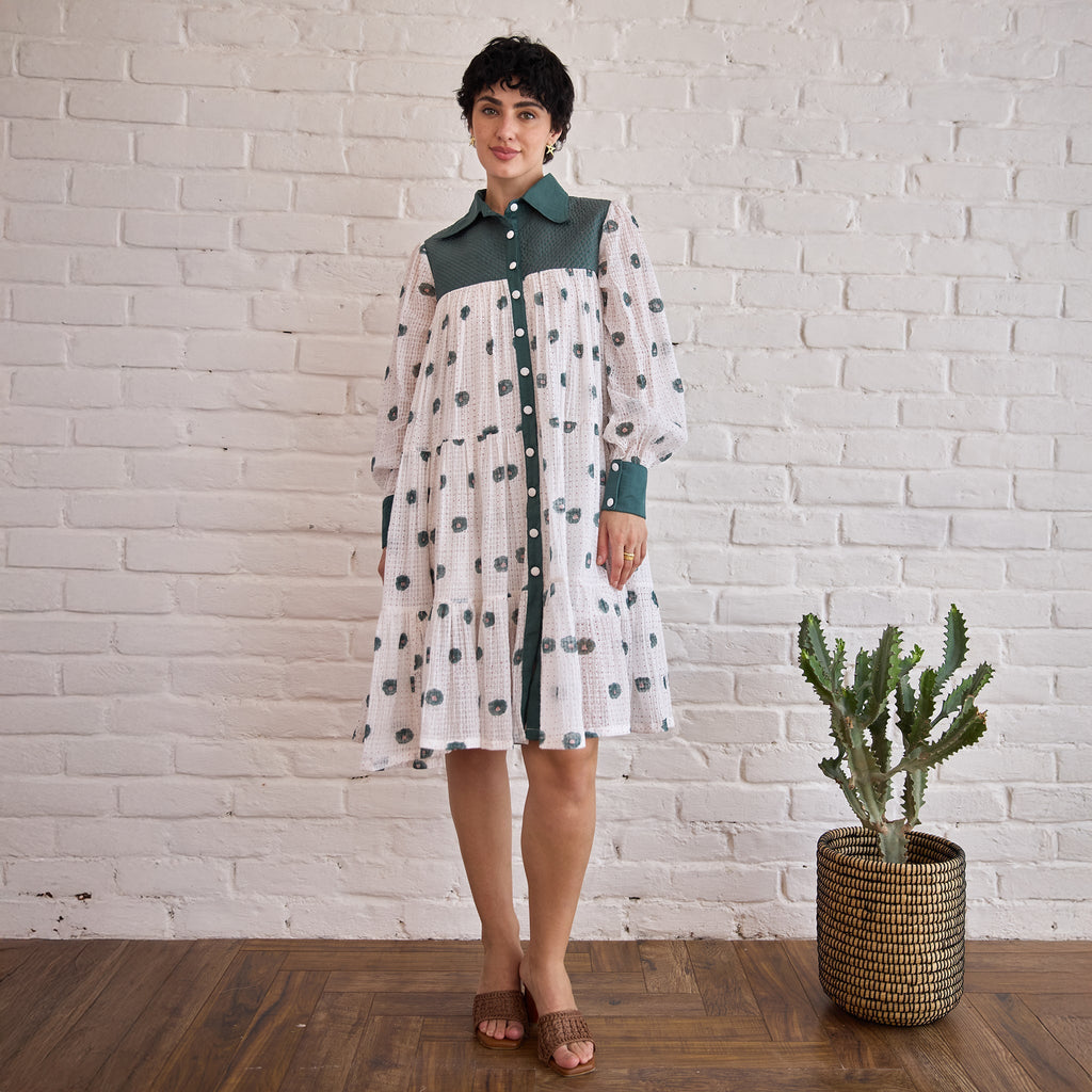 Forest Meadow at Kamakhyaa by Taro. This item is Artisan made, Dresses, Green, Handblock Printed, Handwoven Chanderi Silk, Indie Bloom by Taro, Relaxed Fit, Shirt Dresses, Under $50, White