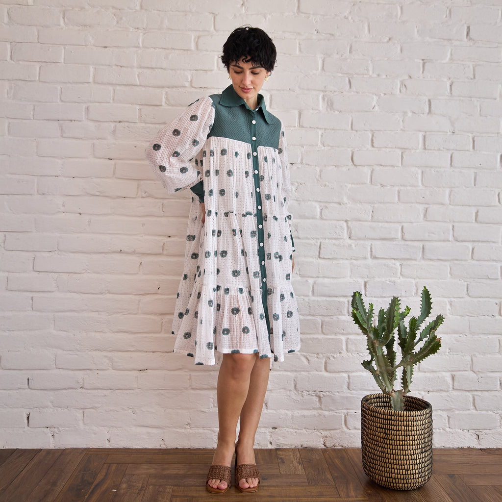 Forest Meadow at Kamakhyaa by Taro. This item is Artisan made, Dresses, Green, Handblock Printed, Handwoven Chanderi Silk, Indie Bloom by Taro, Relaxed Fit, Shirt Dresses, Under $50, White