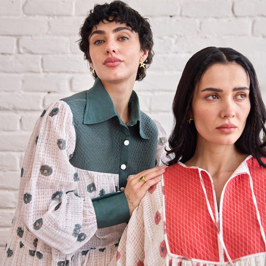 Forest Meadow at Kamakhyaa by Taro. This item is Artisan made, Dresses, Green, Handblock Printed, Handwoven Chanderi Silk, Indie Bloom by Taro, Relaxed Fit, Shirt Dresses, Under $50, White