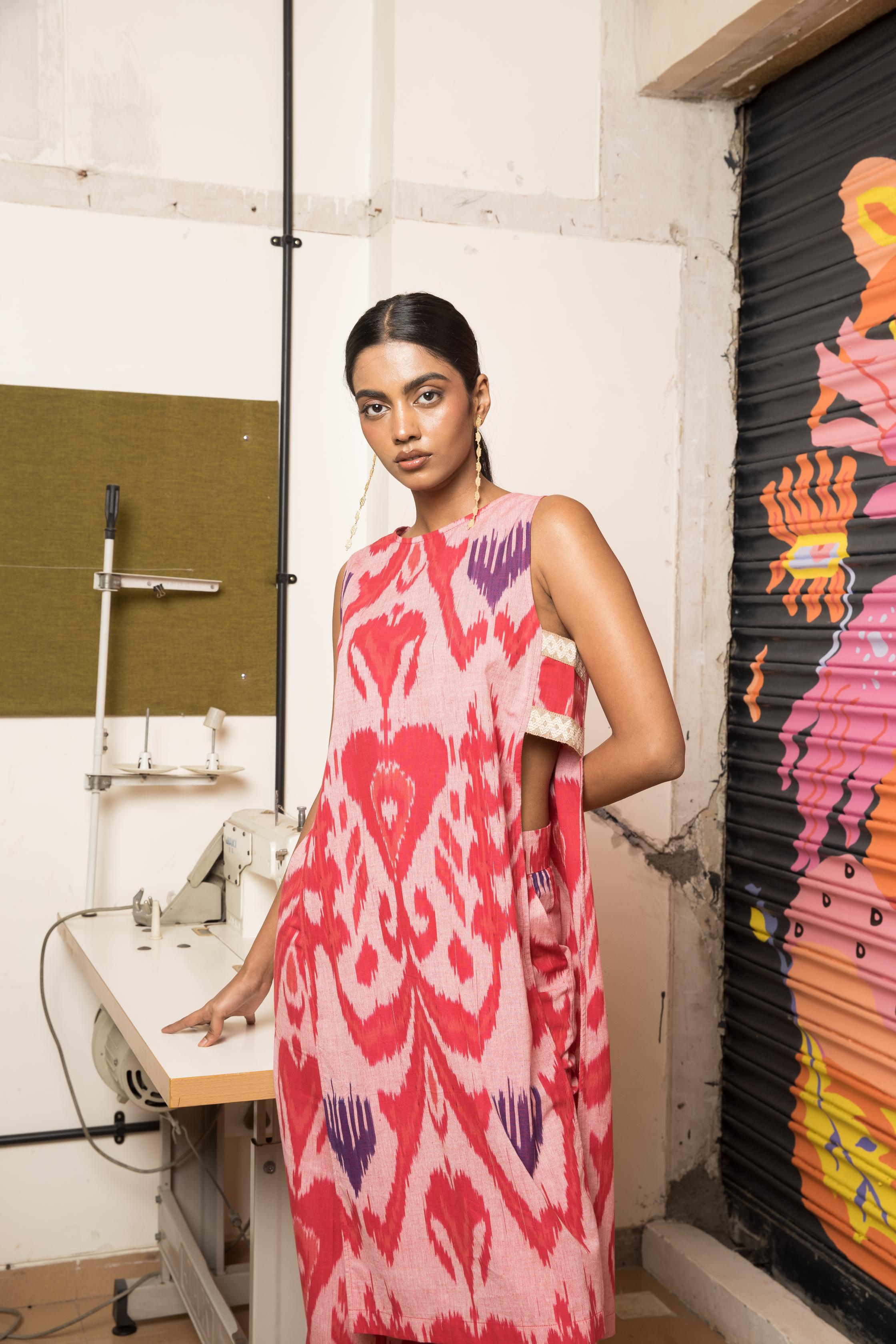 Free Flow Tunic at kamakhyaa.com by Anushé Pirani. This item is 100% Cotton, Beach Wear, Blush Pink, Brunch Wear, Console Collection List, Cotton, Fresh Ink by Anushe Pirani, Handwoven cotton, Ikat Prints, Pink, Regular Fit, Resort Wear, Vacation Wear
