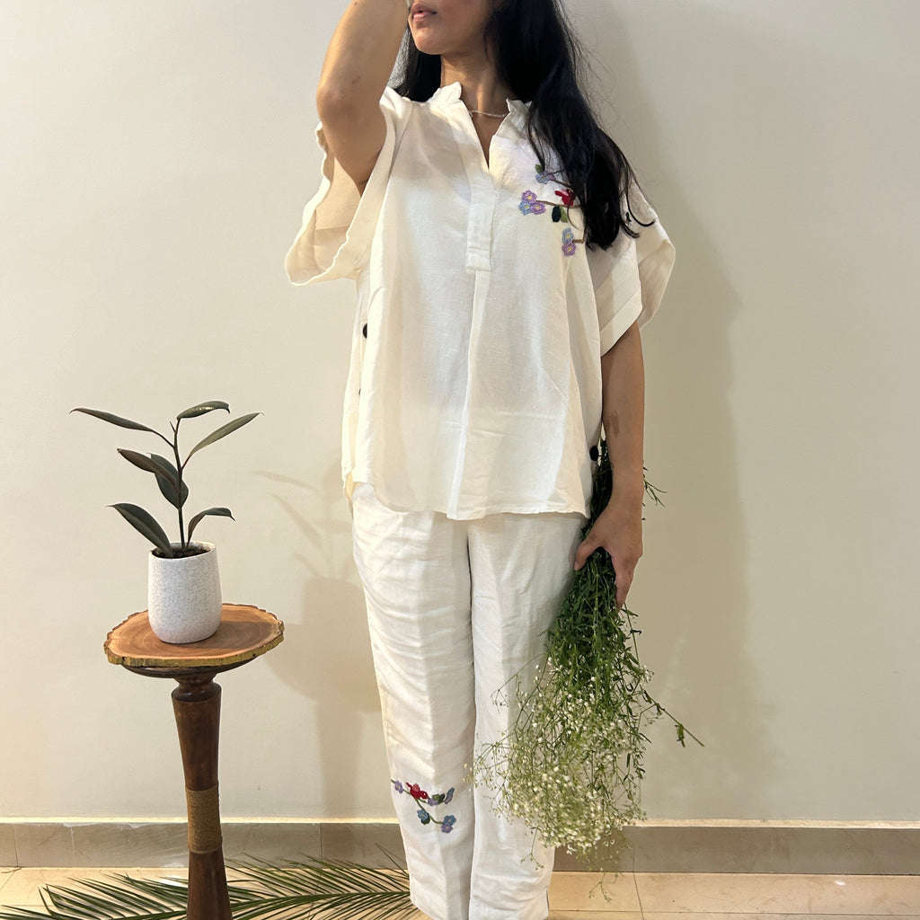 Freesize White Serene Stich Linen Set at Kamakhyaa by Ikriit'm. This item is Bloom by Ikriit'm, Casual Wear, Crochet, Crochet Apparel, Linen, Relaxed Fit, Under $150, Womenswear