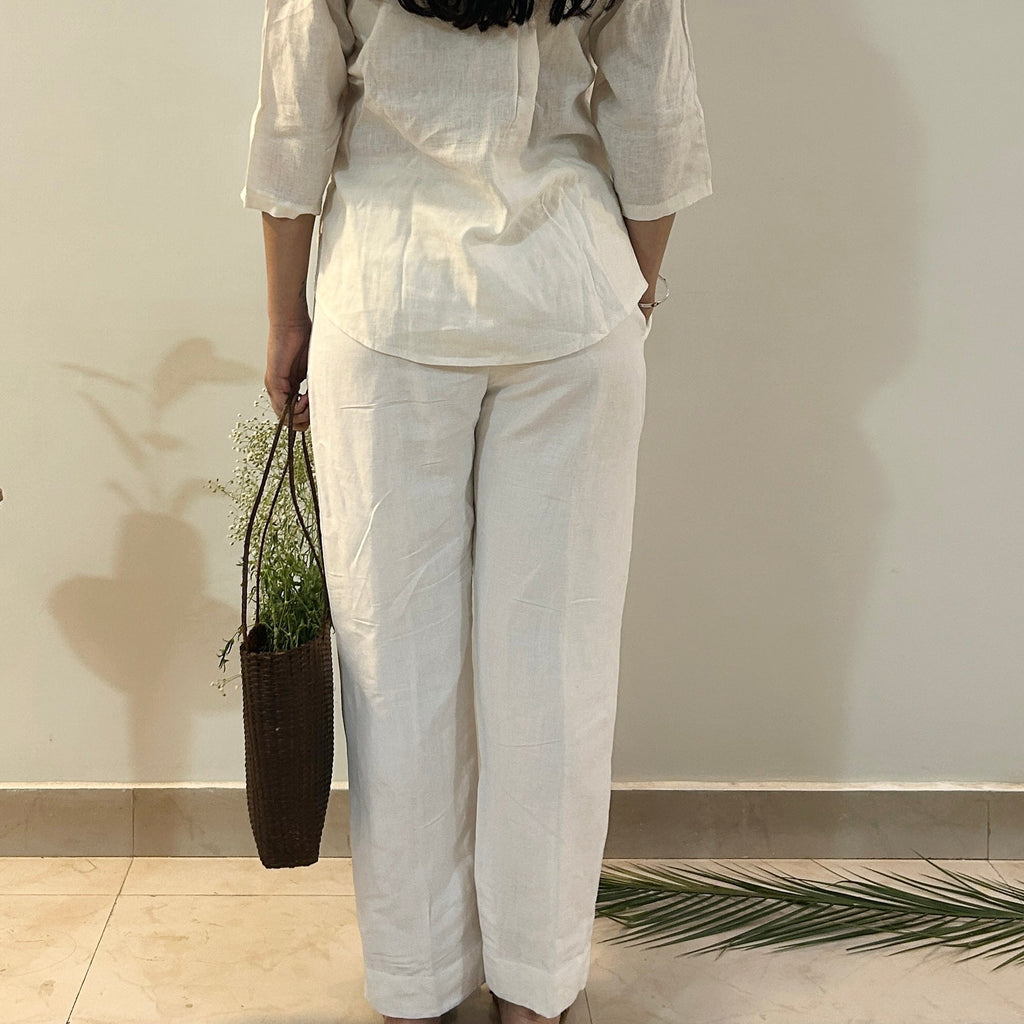 Freesize White Serene Stich Linen Set at Kamakhyaa by Ikriit'm. This item is Bloom by Ikriit'm, Casual Wear, Crochet, Crochet Apparel, Linen, Relaxed Fit, Under $150, Womenswear