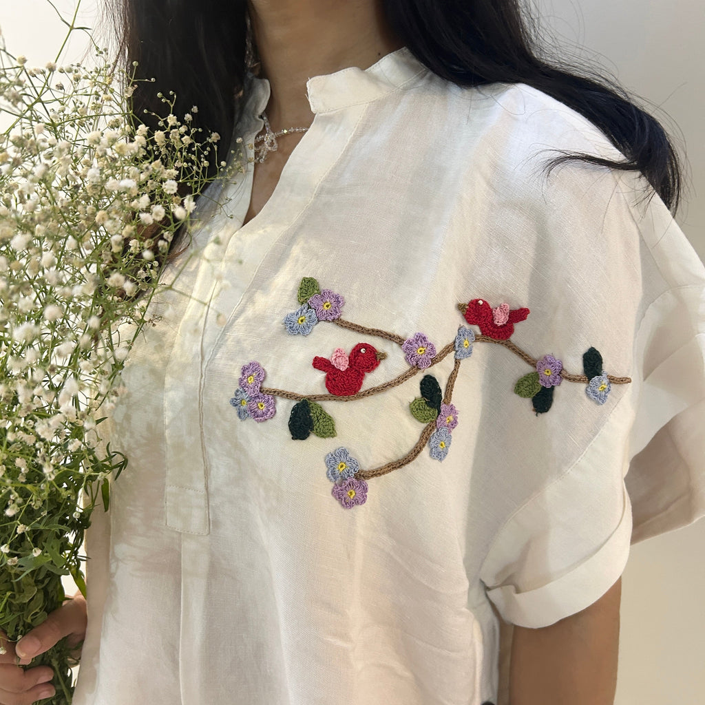Freesize White Serene Stich Linen Set at Kamakhyaa by Ikriit'm. This item is Bloom by Ikriit'm, Casual Wear, Crochet, Crochet Apparel, Linen, Relaxed Fit, Under $150, Womenswear