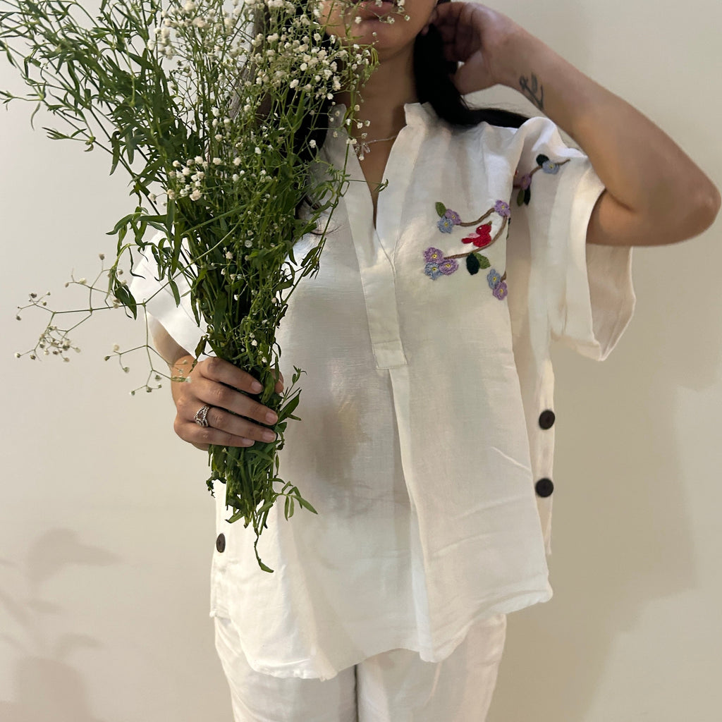 Freesize White Serene Stich Linen Shirt at Kamakhyaa by Ikriit'm. This item is Bloom by Ikriit'm, Casual Wear, Crochet, Crochet Apparel, Linen, Relaxed Fit, Under $100, White, Womenswear