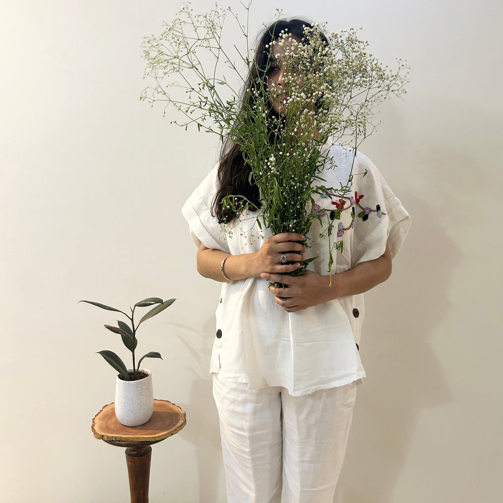 Freesize White Serene Stich Linen Shirt at Kamakhyaa by Ikriit'm. This item is Bloom by Ikriit'm, Casual Wear, Crochet, Crochet Apparel, Linen, Relaxed Fit, Under $100, White, Womenswear