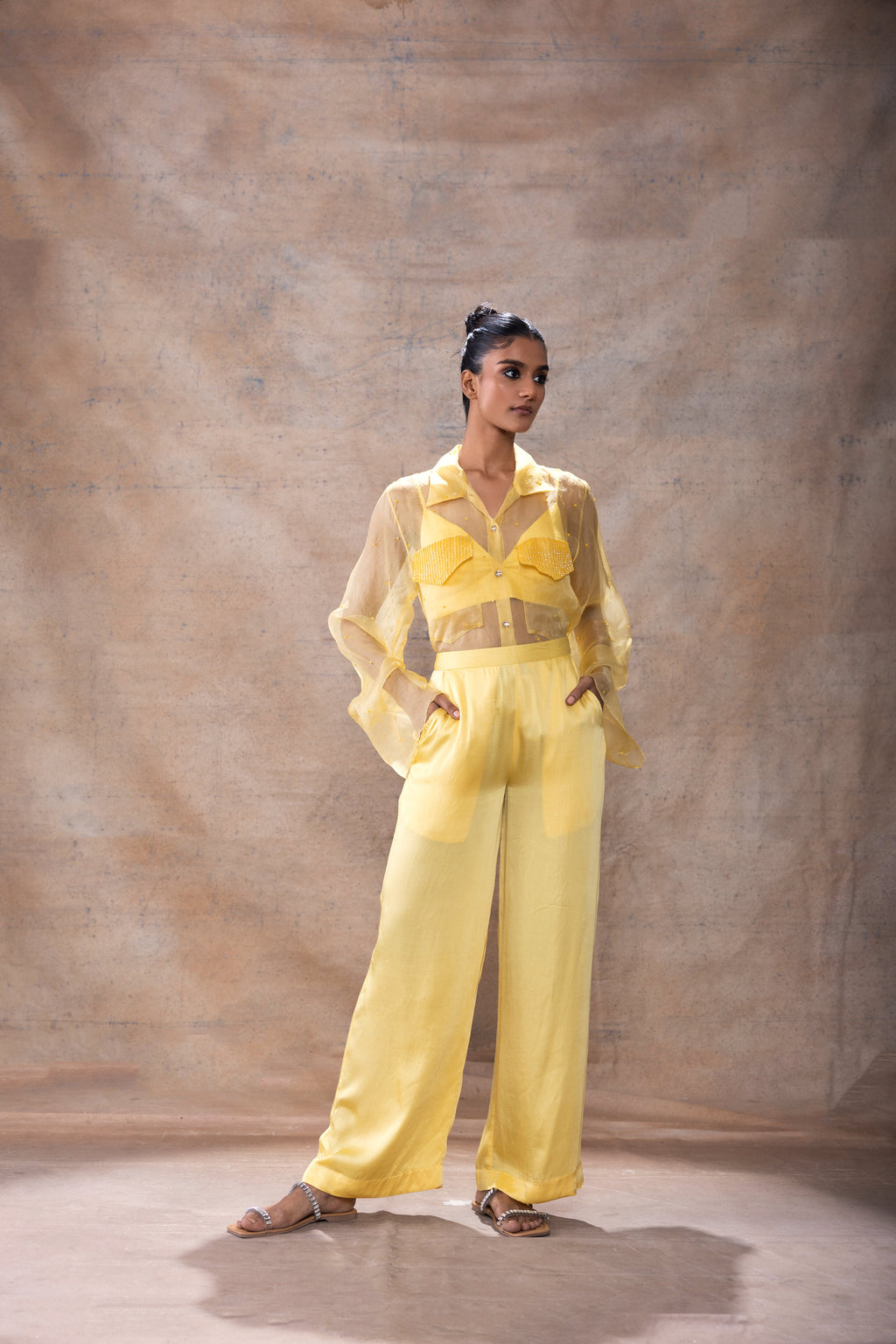 Front Pocket Organza Shirt Set at Kamakhyaa by Akashi Clothing. This item is Co-ord Sets, Evening Wear, Hand Embroidered, Modal Satin, Organza, Party Wear, Party Wear Co-ord Sets, Relaxed Fit, Resort Wear, Vacation Co-ord Sets, Vacation Wear, Womenswear, Yellow, Zaira by Akashi Clothing