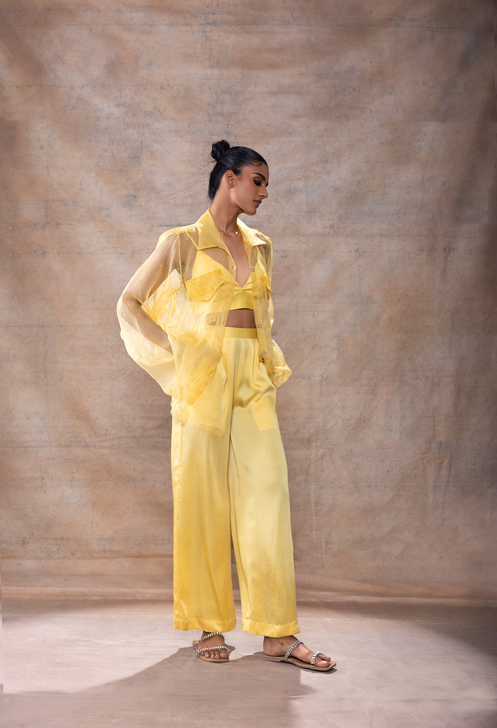 Front Pocket Organza Shirt Set at Kamakhyaa by Akashi Clothing. This item is Co-ord Sets, Evening Wear, Hand Embroidered, Modal Satin, Organza, Party Wear, Party Wear Co-ord Sets, Relaxed Fit, Resort Wear, Vacation Co-ord Sets, Vacation Wear, Womenswear, Yellow, Zaira by Akashi Clothing