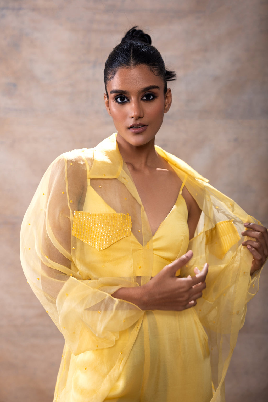 Front Pocket Organza Shirt Set at Kamakhyaa by Akashi Clothing. This item is Co-ord Sets, Evening Wear, Hand Embroidered, Modal Satin, Organza, Party Wear, Party Wear Co-ord Sets, Relaxed Fit, Resort Wear, Vacation Co-ord Sets, Vacation Wear, Womenswear, Yellow, Zaira by Akashi Clothing
