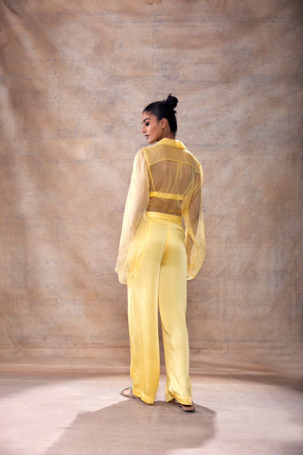 Front Pocket Organza Shirt Set at Kamakhyaa by Akashi Clothing. This item is Co-ord Sets, Evening Wear, Hand Embroidered, Modal Satin, Organza, Party Wear, Party Wear Co-ord Sets, Relaxed Fit, Resort Wear, Vacation Co-ord Sets, Vacation Wear, Womenswear, Yellow, Zaira by Akashi Clothing