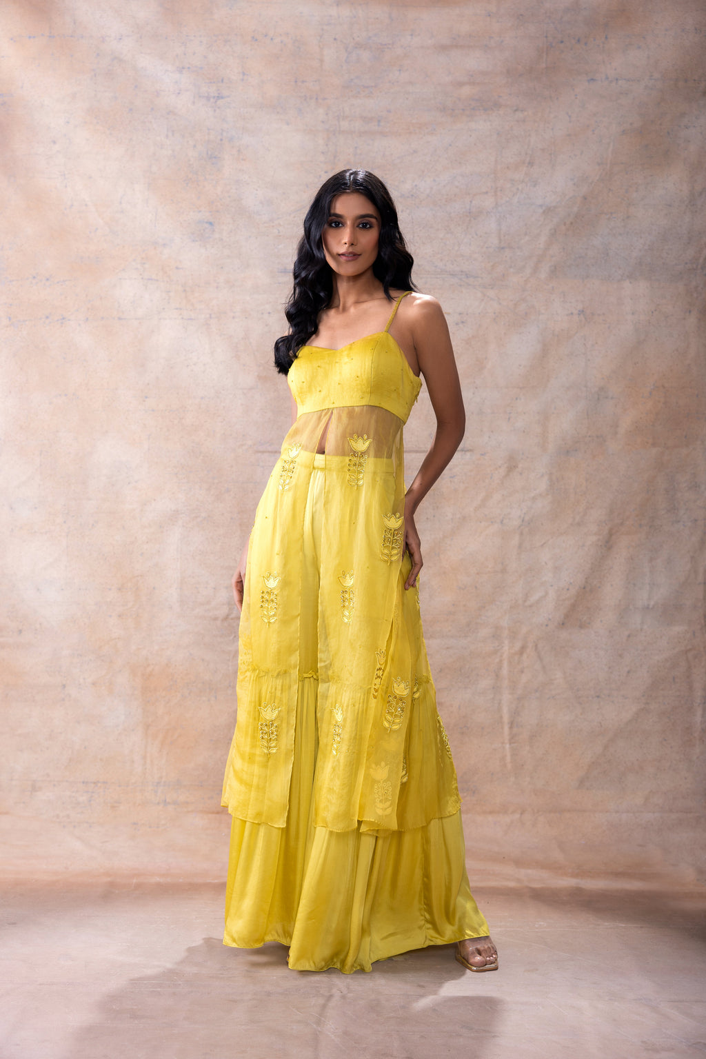 Front Slit Tunic with Sharara Pants at Kamakhyaa by Akashi Clothing. This item is Co-ord Sets, Ethnic Wear, Festive Wear, Hand Embroidered, Indian Wear, Kurta Pant Sets, Modal Satin, Natural, Organza, Regular Fit, Sharara Sets, Womenswear, Yellow, Zaira by Akashi Clothing