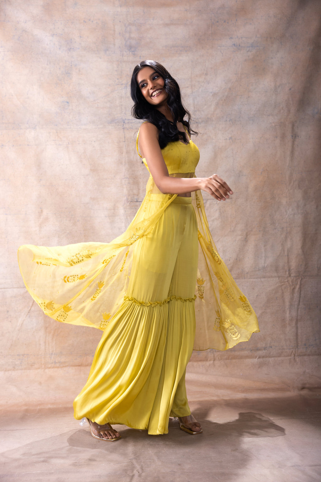 Front Slit Tunic with Sharara Pants at Kamakhyaa by Akashi Clothing. This item is Co-ord Sets, Ethnic Wear, Festive Wear, Hand Embroidered, Indian Wear, Kurta Pant Sets, Modal Satin, Natural, Organza, Regular Fit, Sharara Sets, Womenswear, Yellow, Zaira by Akashi Clothing