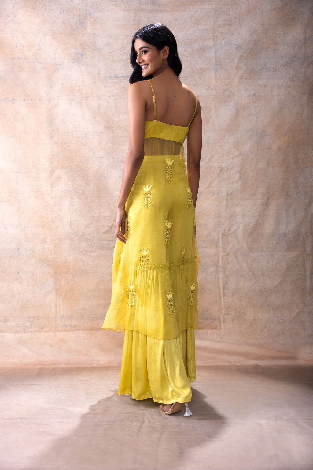 Front Slit Tunic with Sharara Pants at Kamakhyaa by Akashi Clothing. This item is Co-ord Sets, Ethnic Wear, Festive Wear, Hand Embroidered, Indian Wear, Kurta Pant Sets, Modal Satin, Natural, Organza, Regular Fit, Sharara Sets, Womenswear, Yellow, Zaira by Akashi Clothing