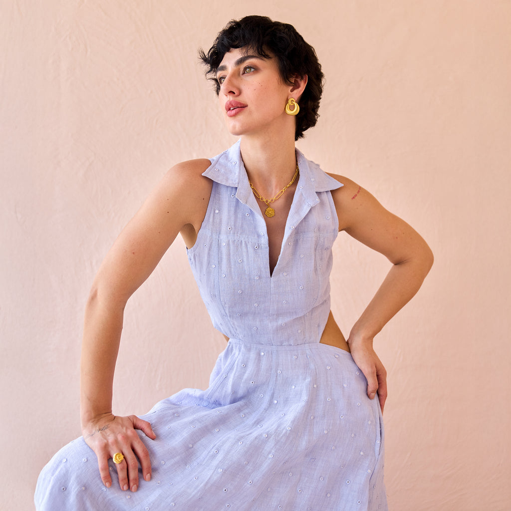 Frost Petal at Kamakhyaa by The Loom Art. This item is Fluer De Code by The Loom Art, Lavender, Linen, Mirror Work, Organic, Sheath Dresses