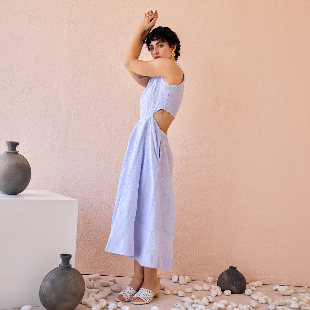 Frost Petal at Kamakhyaa by The Loom Art. This item is Fluer De Code by The Loom Art, Lavender, Linen, Mirror Work, Organic, Sheath Dresses