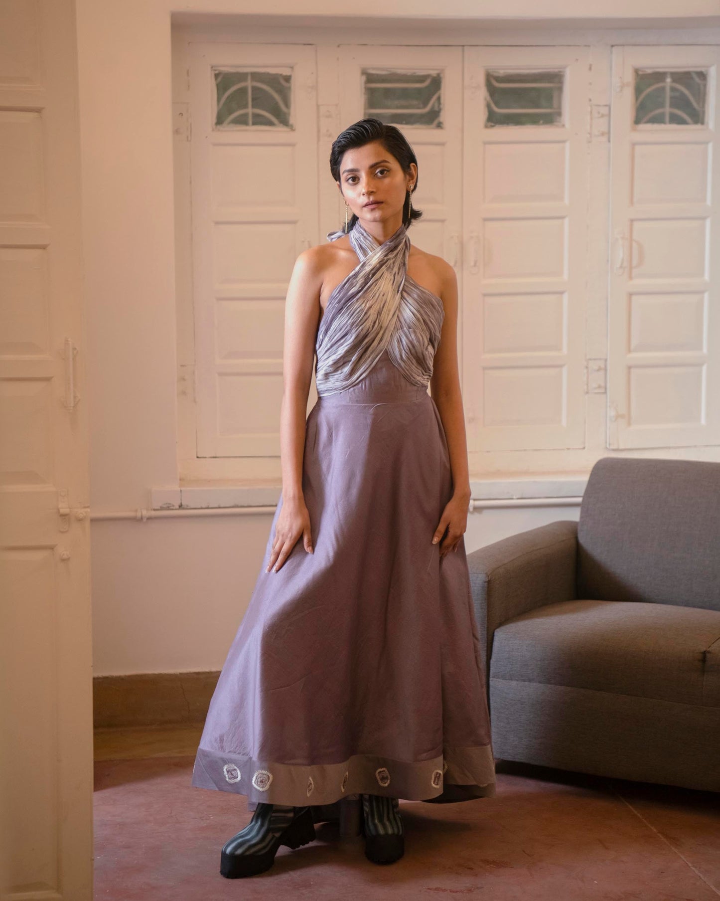 Frosted Mauve at Kamakhyaa by The Loom Art. This item is Casual Wear, Designer Event, Halter Neck Dresses, Handwoven Chanderi Silk, July Sale, July Sale 2023, Lucid Dreams by The Loom Art, Multicolor, Organic, Pink, Silk Saga, Solids, Women Led Designer, Womenswear