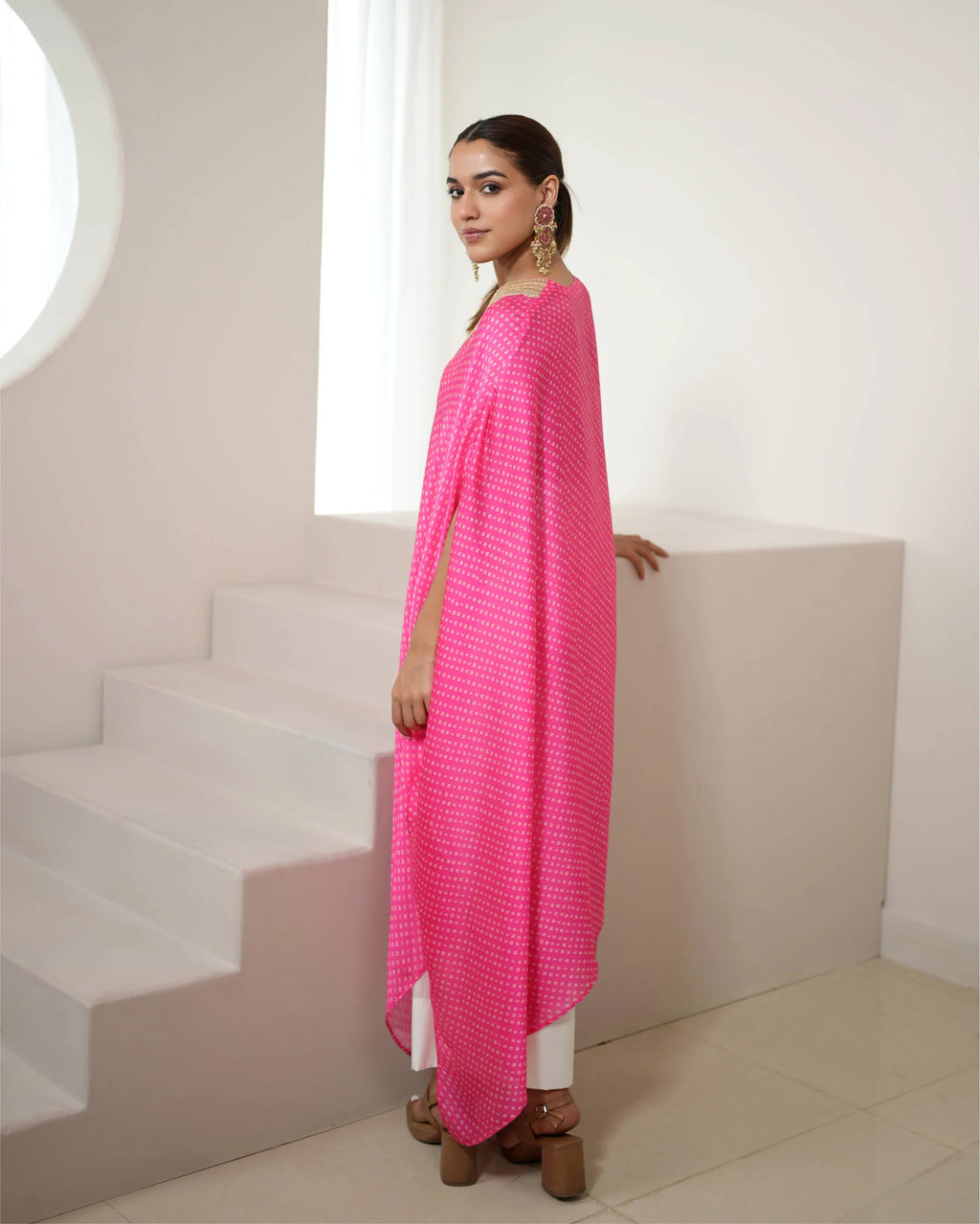 Fuchsia Pink V-neck Kurta Pant Set at Kamakhyaa by Mayura Kumar. This item is Bandhej, Bandhej Bandhini Mixology by Mayura Kumar, Chhath Puja, Dry clean, Festive Wear, Pink, Relaxed Fit, Satin Silk, Tie-Dye