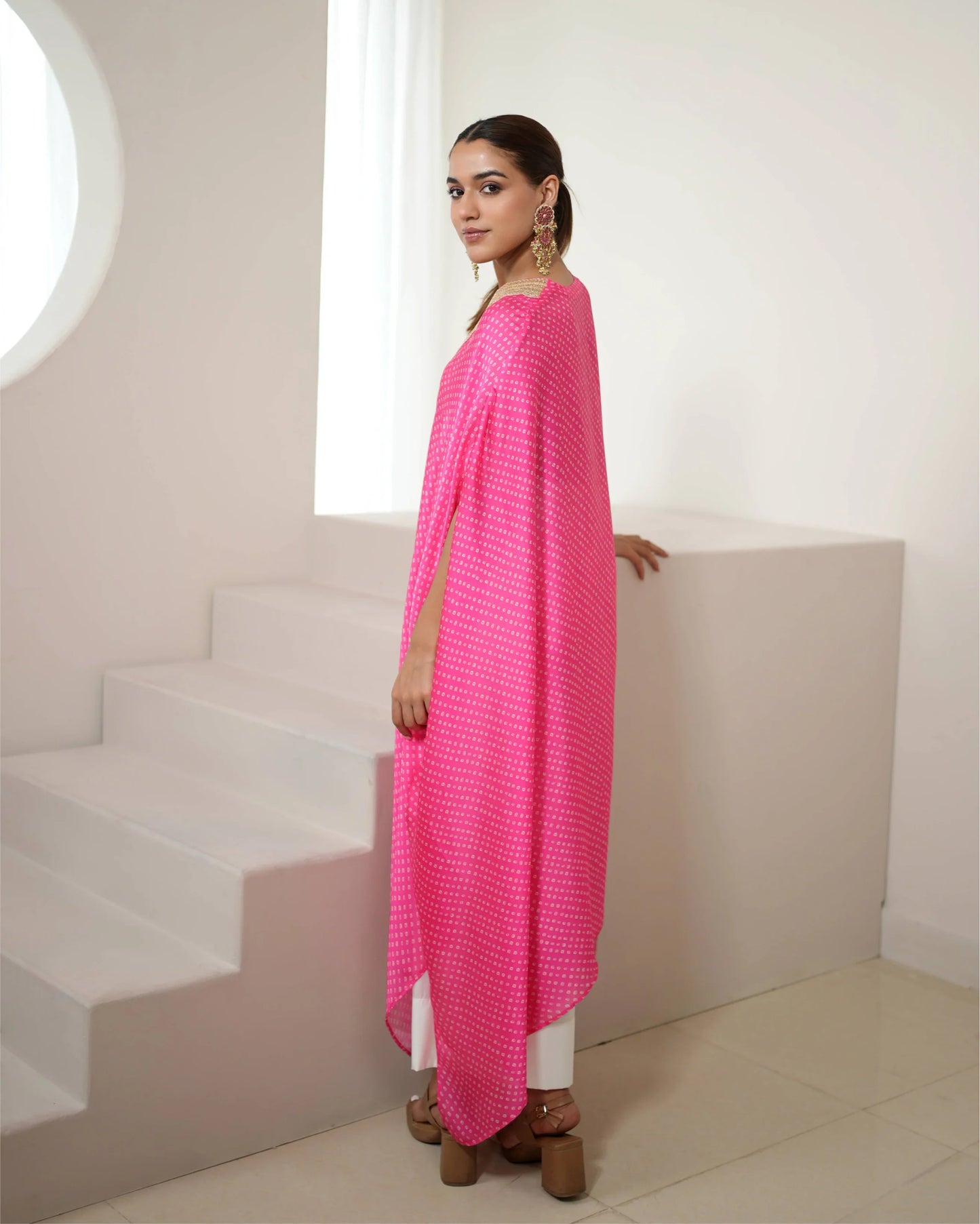 Fuchsia Pink V-neck Kurta Pant Set at Kamakhyaa by Mayura Kumar. This item is Bandhej, Bandhej Bandhini Mixology by Mayura Kumar, Chhath Puja, Dry clean, Festive Wear, Pink, Relaxed Fit, Satin Silk, Tie-Dye