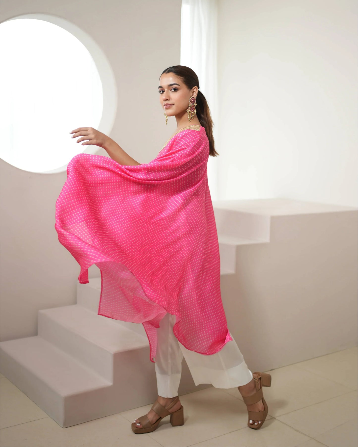 Fuchsia Pink V-neck Kurta Pant Set at Kamakhyaa by Mayura Kumar. This item is Bandhej, Bandhej Bandhini Mixology by Mayura Kumar, Chhath Puja, Dry clean, Festive Wear, Pink, Relaxed Fit, Satin Silk, Tie-Dye