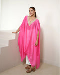 Fuchsia Pink V-neck Kurta Pant Set at Kamakhyaa by Mayura Kumar. This item is Bandhej, Bandhej Bandhini Mixology by Mayura Kumar, Chhath Puja, Dry clean, Festive Wear, Pink, Relaxed Fit, Satin Silk, Tie-Dye