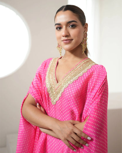 Fuchsia Pink V-neck Kurta Pant Set at Kamakhyaa by Mayura Kumar. This item is Bandhej, Bandhej Bandhini Mixology by Mayura Kumar, Chhath Puja, Dry clean, Festive Wear, Pink, Relaxed Fit, Satin Silk, Tie-Dye