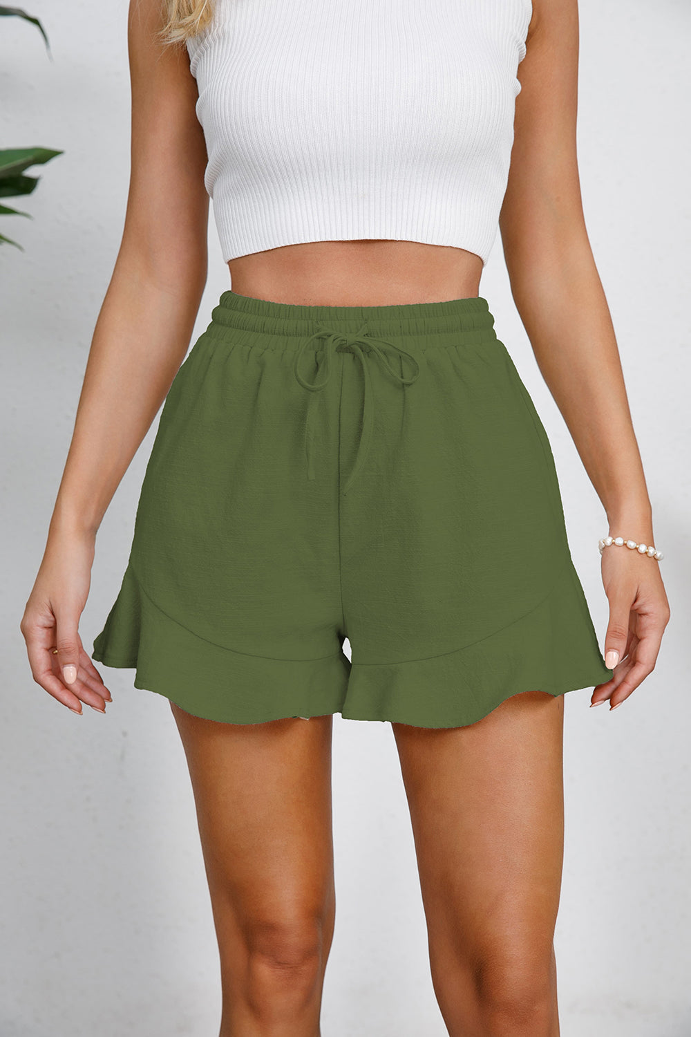 Full Size Drawstring Ruffle Hem Shorts at Kamakhyaa by Trendsi. This item is GZXK, Ship From Overseas, Trendsi