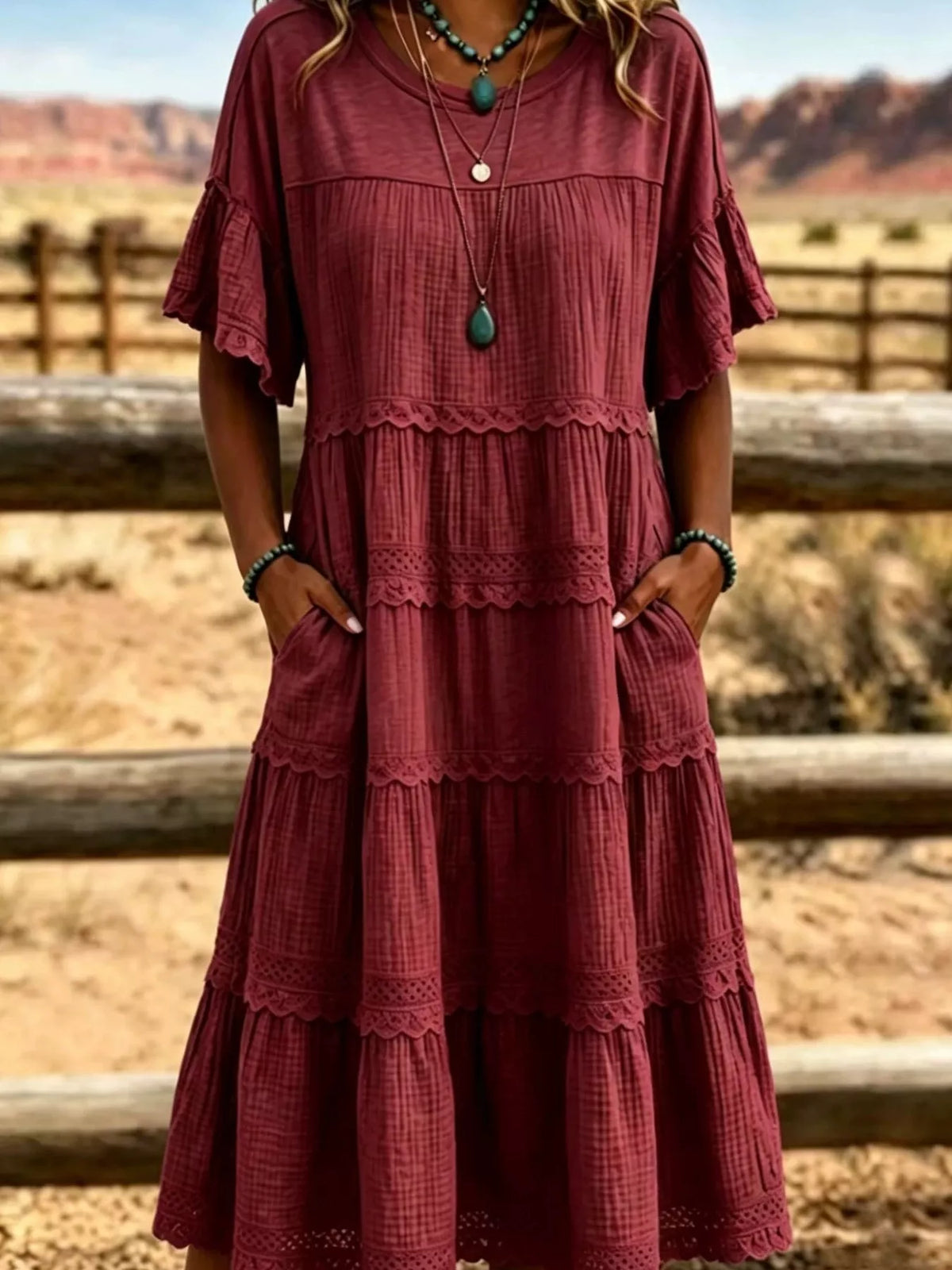 Full Size Tiered Ruffle Sleeve Midi Dress with Pockets Plus Size at kamakhyaa.com by Trendsi. This item is Chic Symphony, Ship From Overseas