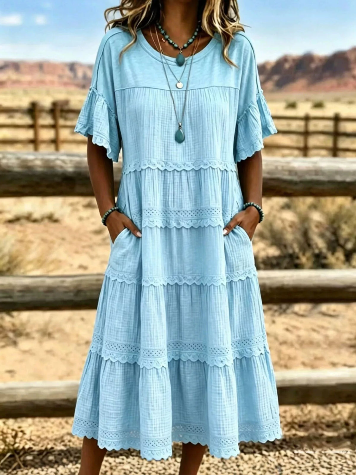 Full Size Tiered Ruffle Sleeve Midi Dress with Pockets Plus Size at kamakhyaa.com by Trendsi. This item is Chic Symphony, Ship From Overseas