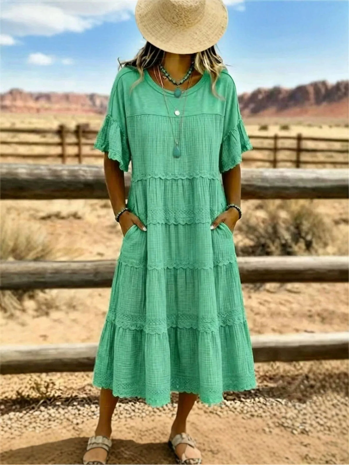 Full Size Tiered Ruffle Sleeve Midi Dress with Pockets Plus Size at kamakhyaa.com by Trendsi. This item is Chic Symphony, Ship From Overseas