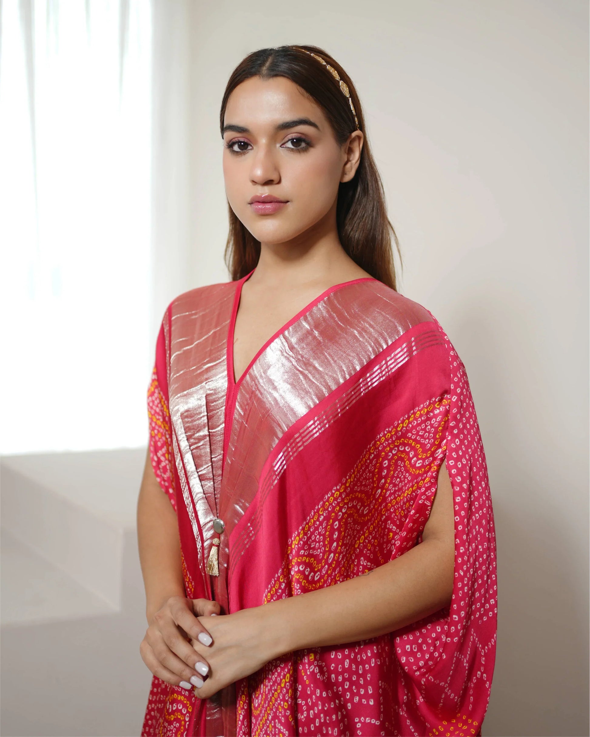 Fuschia Pink Bandhini Print Kaftan at Kamakhyaa by Mayura Kumar. This item is Bandhej, Bandhej Bandhini Mixology by Mayura Kumar, Dry clean, Festive Wear, Modal, Modal Satin Silk, Pink, Relaxed Fit, Satin Silk, Silk, Tie-Dye