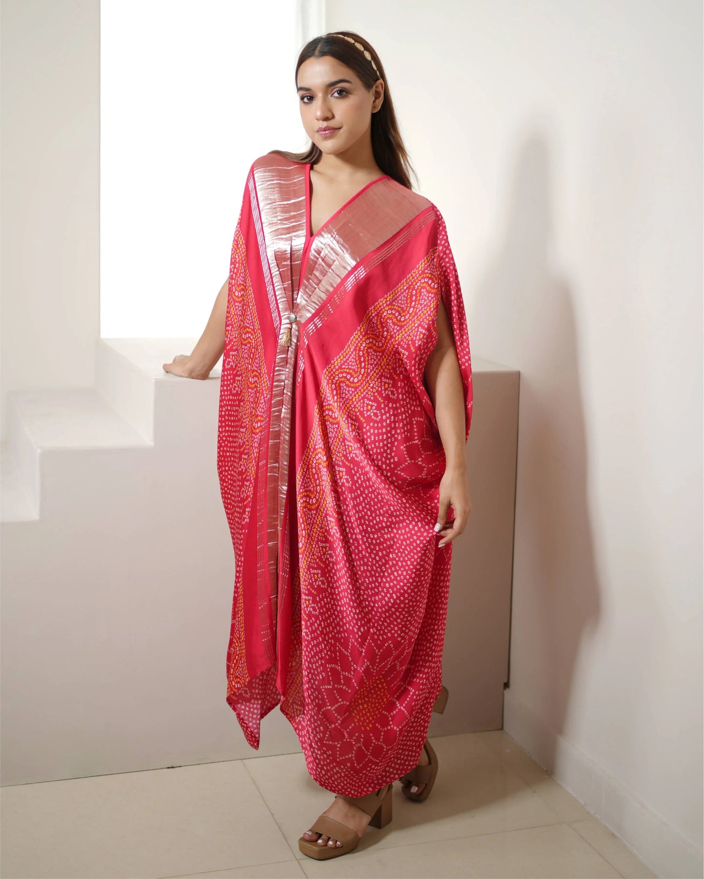 Fuschia Pink Bandhini Print Kaftan at Kamakhyaa by Mayura Kumar. This item is Bandhej, Bandhej Bandhini Mixology by Mayura Kumar, Dry clean, Festive Wear, Modal, Modal Satin Silk, Pink, Relaxed Fit, Satin Silk, Silk, Tie-Dye