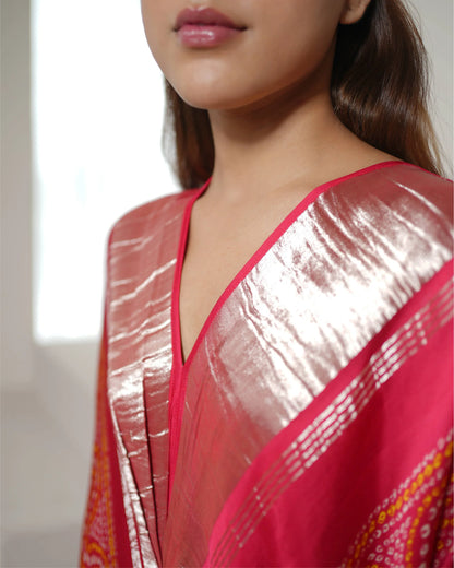 Fuschia Pink Bandhini Print Kaftan at Kamakhyaa by Mayura Kumar. This item is Bandhej, Bandhej Bandhini Mixology by Mayura Kumar, Dry clean, Festive Wear, Modal, Modal Satin Silk, Pink, Relaxed Fit, Satin Silk, Silk, Tie-Dye