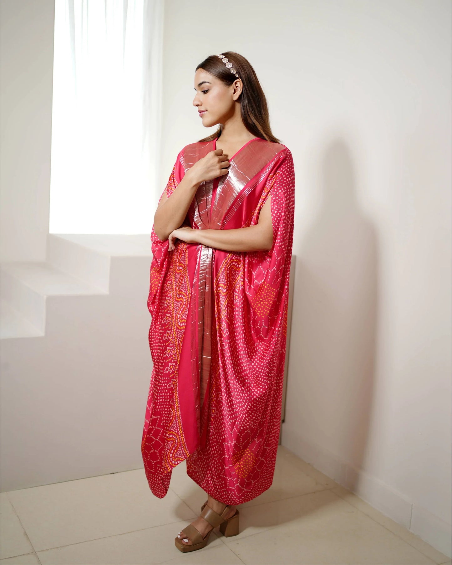 Fuschia Pink Bandhini Print Kaftan at Kamakhyaa by Mayura Kumar. This item is Bandhej, Bandhej Bandhini Mixology by Mayura Kumar, Dry clean, Festive Wear, Modal, Modal Satin Silk, Pink, Relaxed Fit, Satin Silk, Silk, Tie-Dye