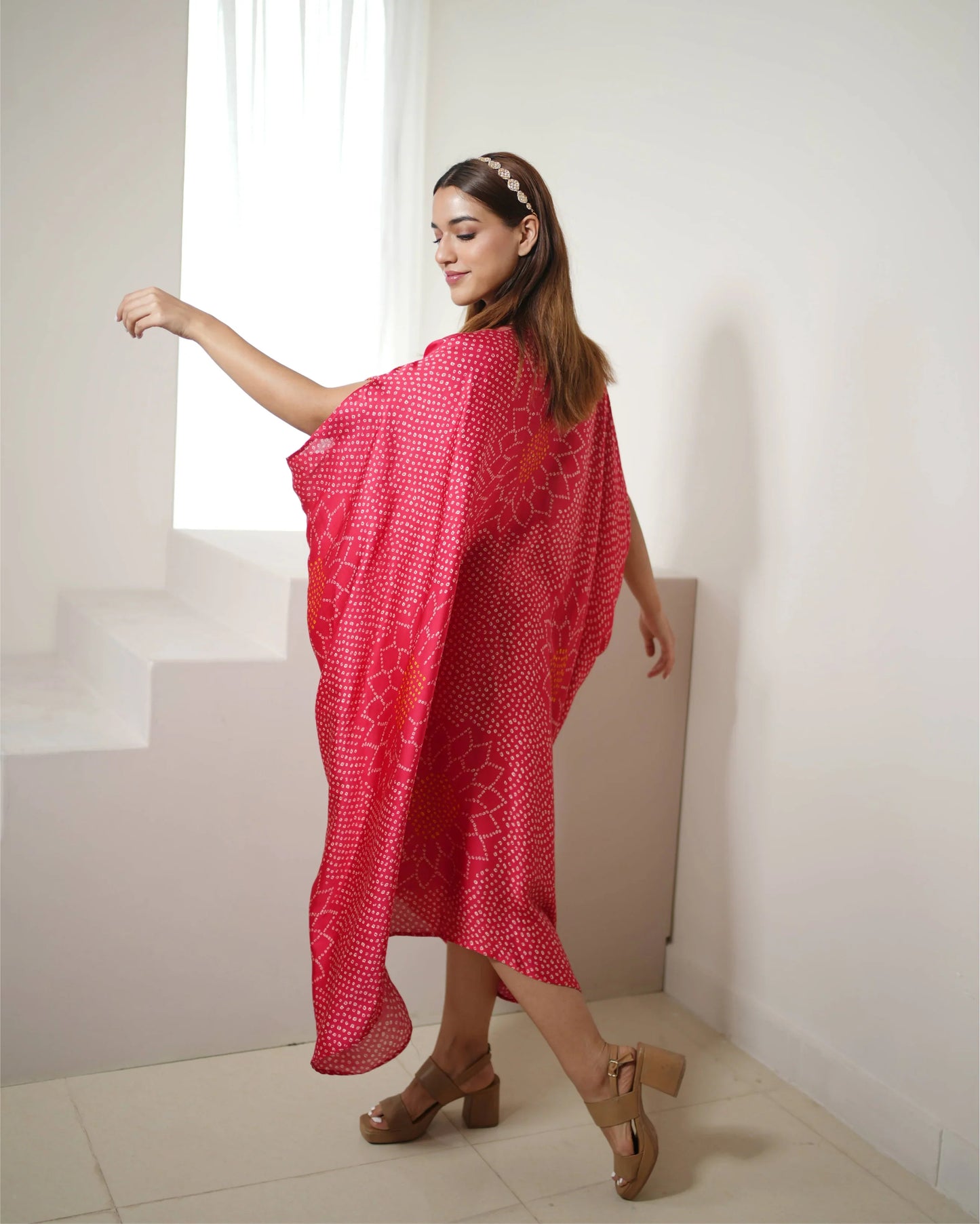 Fuschia Pink Bandhini Print Kaftan at Kamakhyaa by Mayura Kumar. This item is Bandhej, Bandhej Bandhini Mixology by Mayura Kumar, Dry clean, Festive Wear, Modal, Modal Satin Silk, Pink, Relaxed Fit, Satin Silk, Silk, Tie-Dye