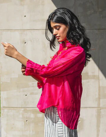 Fuschia Pink Handwoven Chanderi Shirt at Kamakhyaa by Araayeh. This item is Artisan Made, Handwoven Chanderi, Office wear, Pink, Regular Fit, Shirts, Solids