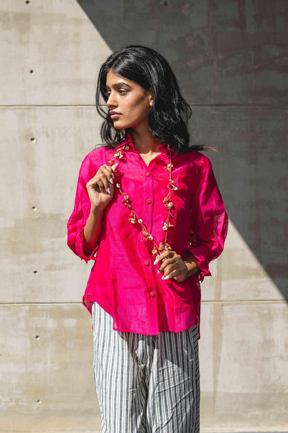 Fuschia Pink Handwoven Chanderi Shirt at Kamakhyaa by Araayeh. This item is Artisan Made, Handwoven Chanderi, Office wear, Pink, Regular Fit, Shirts, Solids