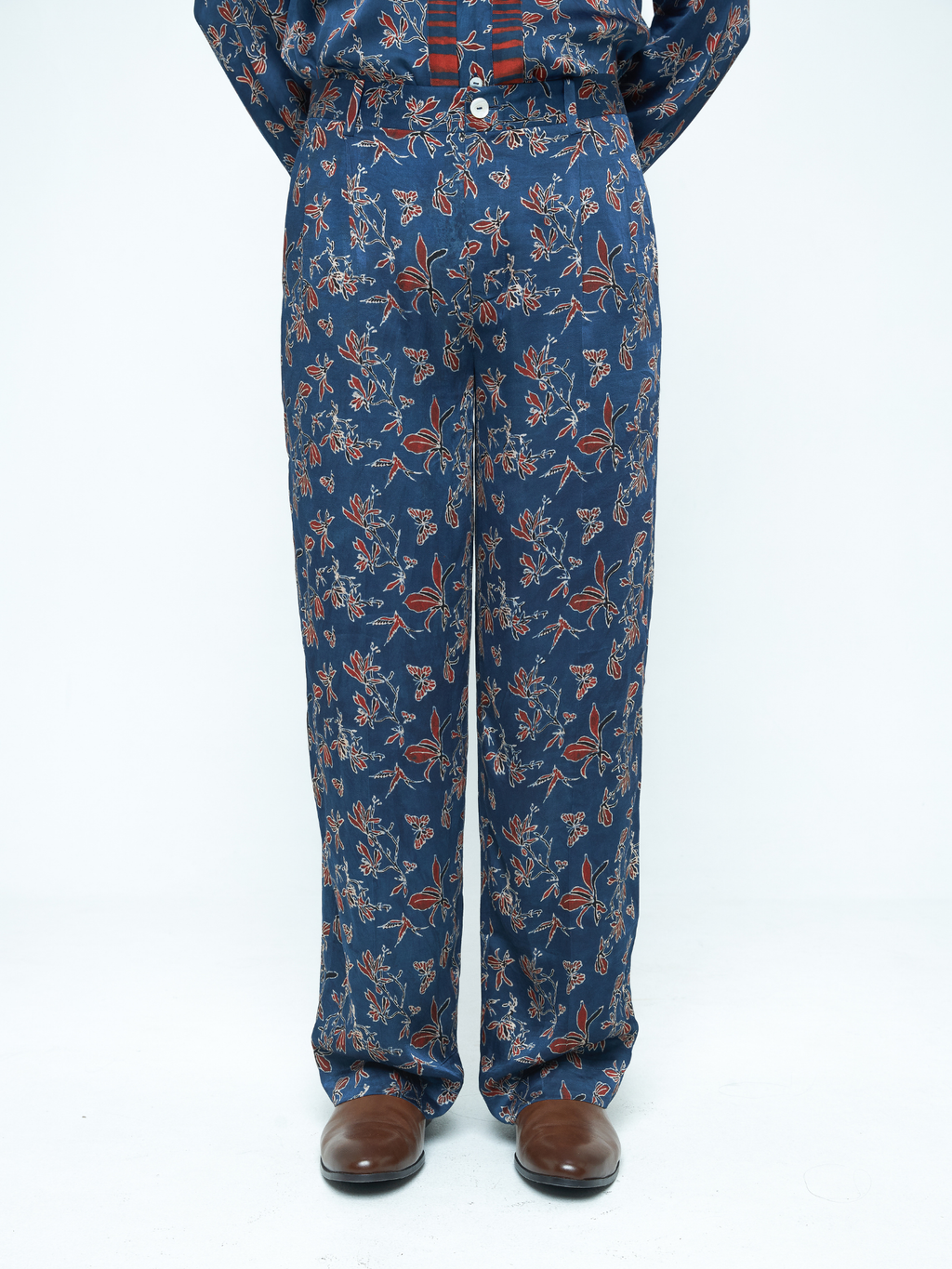 Garden Pleat Pants at Kamakhyaa by Anushé Pirani. This item is Bloom After Dark by Anushe Pirani, Menswear, Midnight Blueprint, Pants