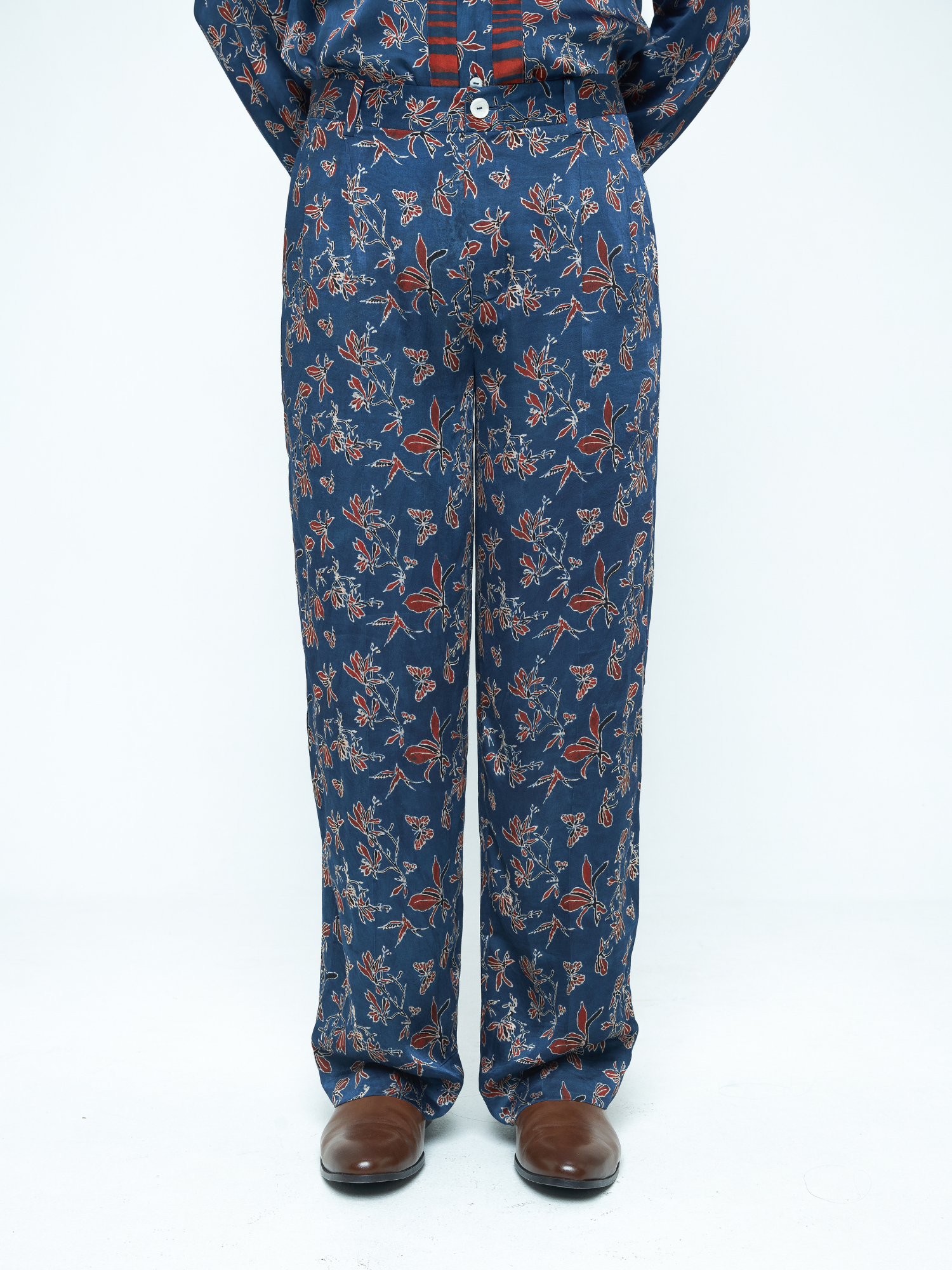 Garden Pleat Pants at Kamakhyaa by Anushé Pirani. This item is Bloom After Dark by Anushe Pirani, Menswear, Midnight Blueprint, Pants
