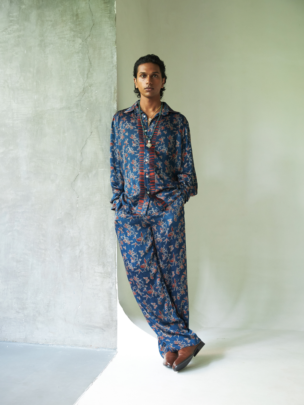 Garden Pleat Pants at Kamakhyaa by Anushé Pirani. This item is Bloom After Dark by Anushe Pirani, Menswear, Midnight Blueprint, Pants