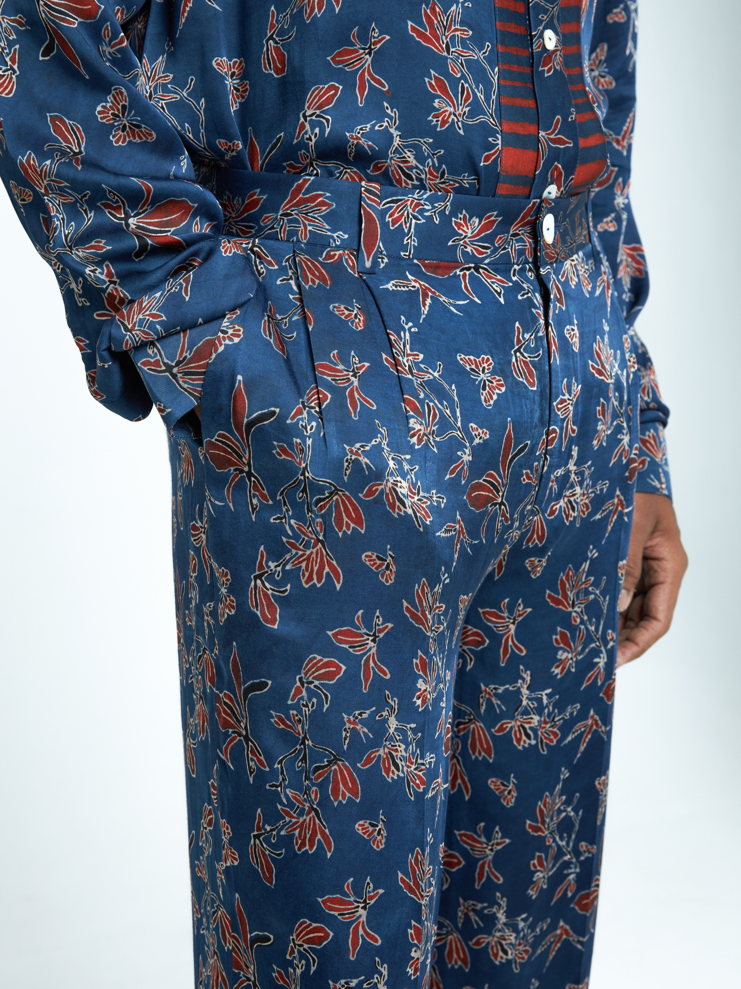 Garden Pleat Pants at Kamakhyaa by Anushé Pirani. This item is Bloom After Dark by Anushe Pirani, Menswear, Midnight Blueprint, Pants